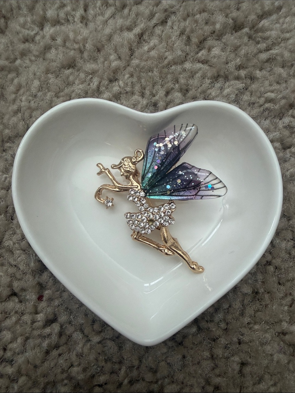 Gold Fairy Brooch with Iridescent Purple-Green Wings - Unbranded